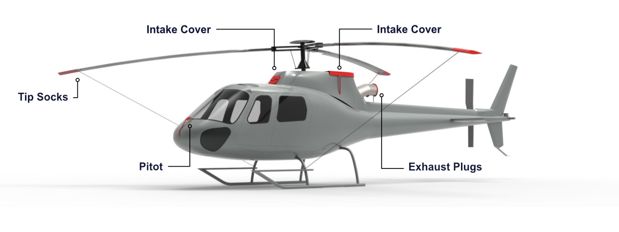 Diagram of intake covers, exhaust plugs, pitot covers and tip socks