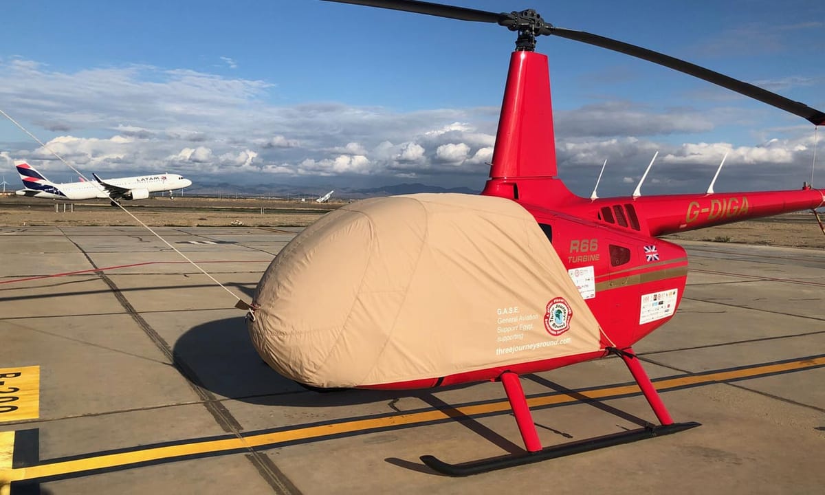 Protective aircraft cover fitted to a Robinson R66 on the apron