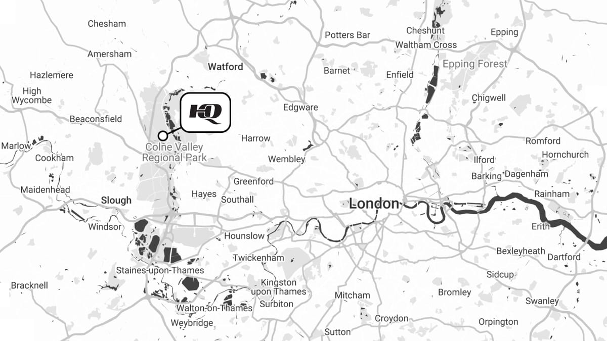 Map showing HQ Aviation at Denham Aerodrome in the Colne Valley, north west of central London
