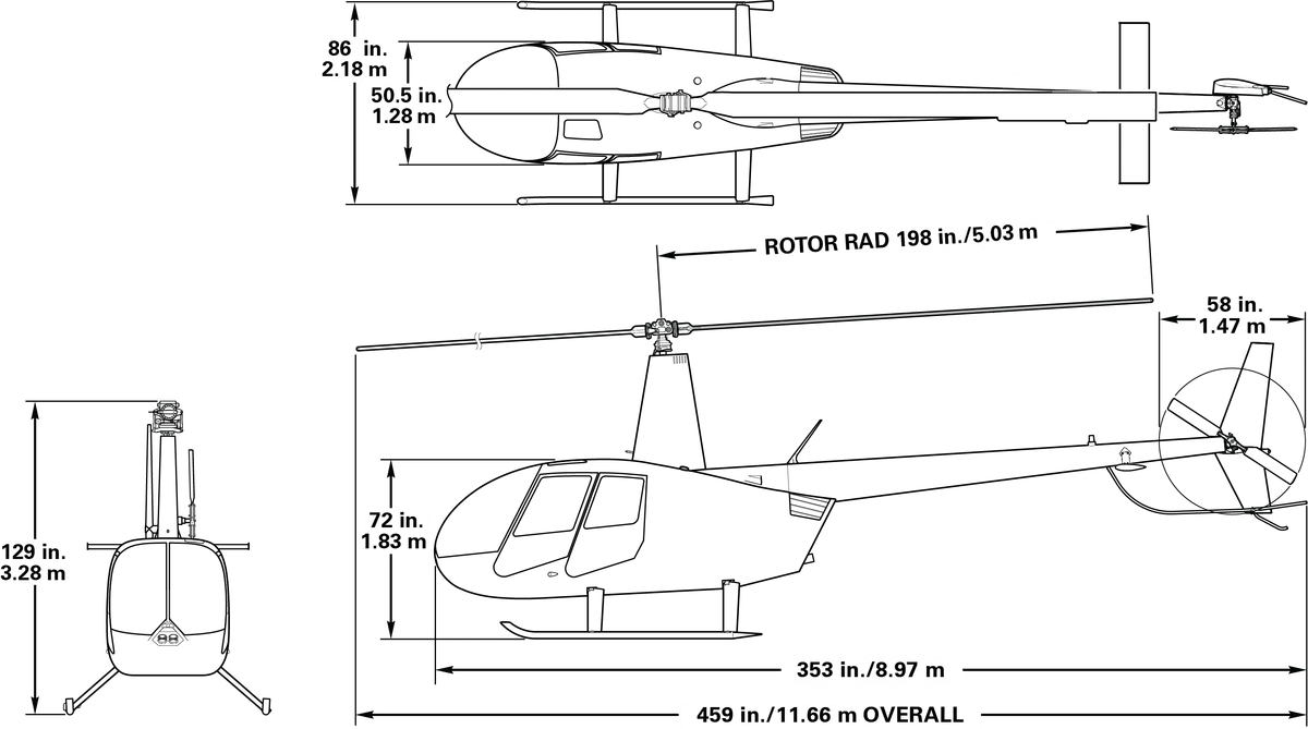 R44 Raven II specification diagram with dimensions